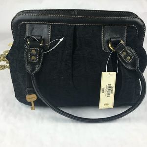 NWT Fossil Black Fabric and Leather Satchel Bag